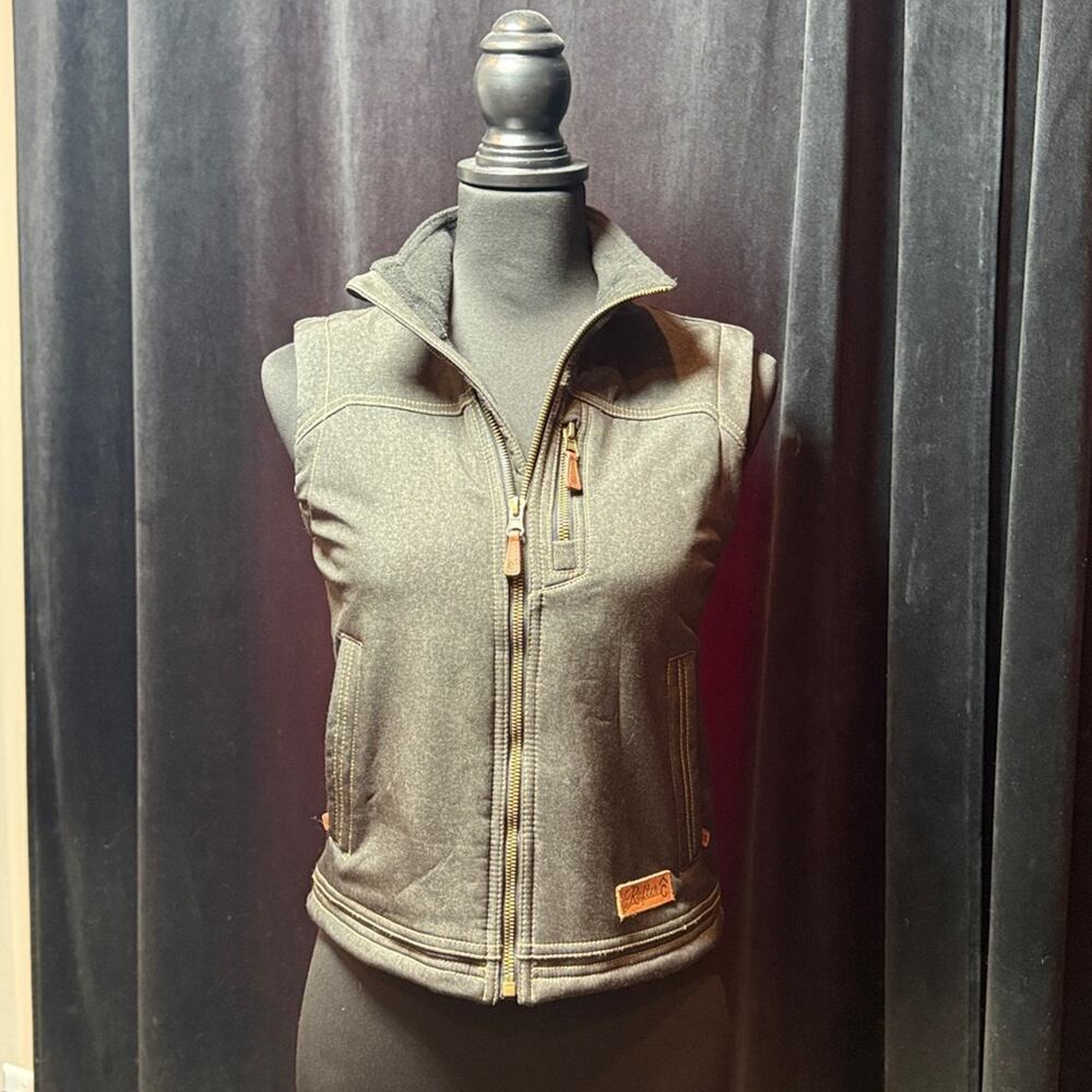 Rafter C Black Sleeveless Zip-Up Vest with brown leather zipper pulls/accents.